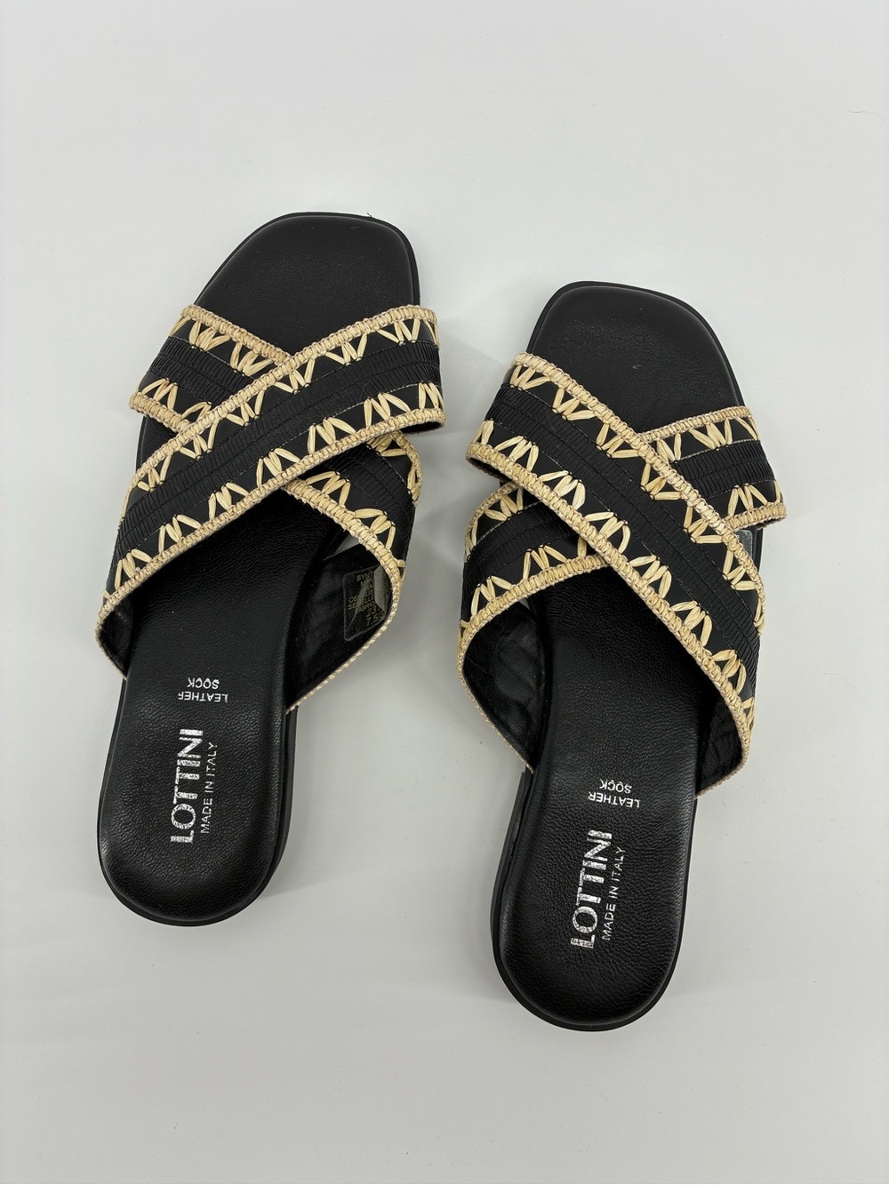 Lottini Black Slide Sandals with Natural Trim Leather Woven Resort Minimal